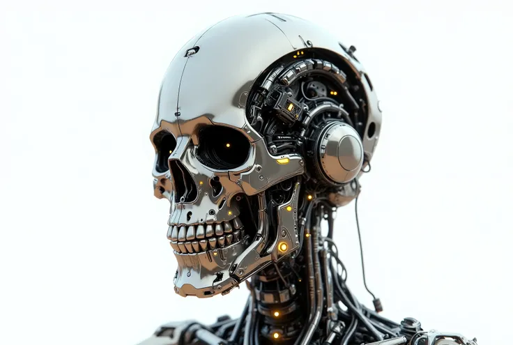 white, yellow, futuristic, robot, design, cyborg skeleton head, isolated, white background, detailed, mechanical, metallic, chrome, sleek, sharp angles, glowing accents, dynamic pose, intricate details, complex machinery, high-tech, cinematic lighting, pro...