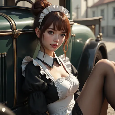 alluring cute young maid, lips parted, chestnut hair, loose bun, stockings, leaning on antique automobile, 
