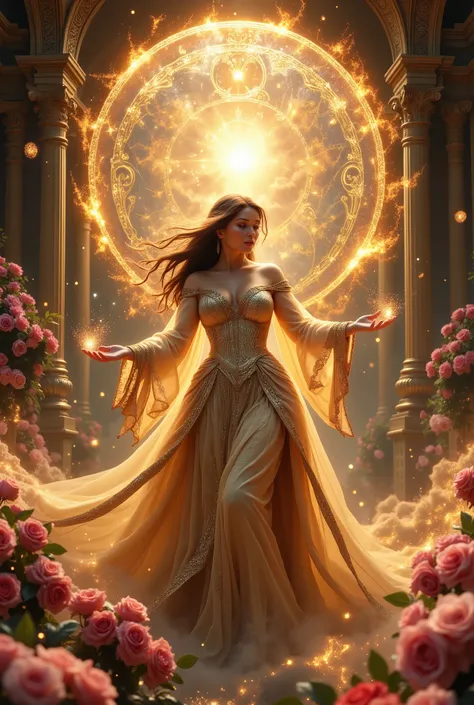 A beautiful Magic Witch with a Lush and Attractive Outfit, gorgeous, seductive, The rays of the sun warm her, and the Clouds give her Divinity, Сверкающий свет вокруг нее beautiful поблескивает, She conjures beautiful patterns with gorgeous inscriptions on...