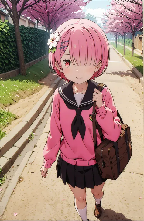 score_9, score_8_up, score_7_up, source_anime,Ram, solo,hair flower, hair ornament,Hide one eye with bangs, pink hair, Red Eyes, short hair, x hair ornament,smile,blush, shut your mouth,Black Sailor Suit,long sleeve, Black Mini Pleated Skirt ,white thigh h...