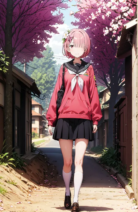 score_9, score_8_up, score_7_up, source_anime,Ram, solo,hair flower, hair ornament,Hide one eye with bangs, pink hair, Red Eyes, short hair, x hair ornament,smile,blush, shut your mouth,Black Sailor Suit,long sleeve, Black Mini Pleated Skirt ,white thigh h...