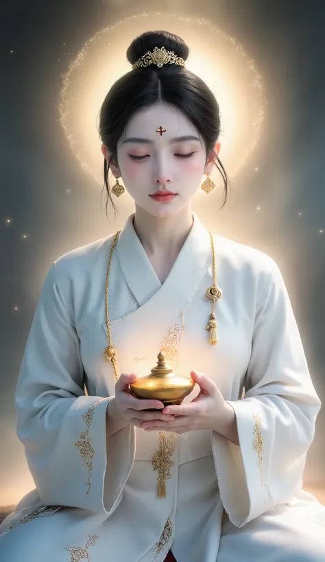 An Miaoyi wears a plain white Buddhist robe,She wears a moon-white cross-collared middle garment,The edge of the robe is embroidered with golden swastikas and lotus patterns,A simple Buddha bead hanging around her neck。Hairstyle is a low-hanging single spi...