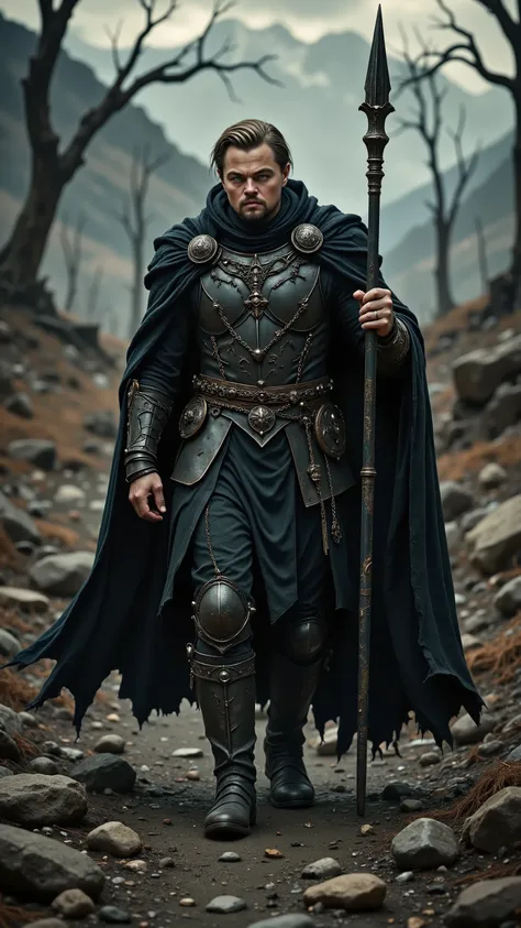 Leonardo DiCaprio reimagined as a Dark Fantasy Lord of Despair, walking slowly across a barren, broken wasteland swallowed by eternal twilight, 1 male,
Disheveled ash-blonde hair, dampened by the cold mist, a gaunt face hollowed by grief, sunken piercing g...