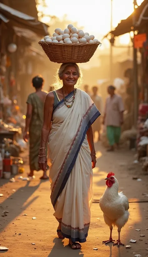 "An elderly Indian grandmother wearing a traditional white saree with a dark blue border, walking through a village market in the evening golden light. She is smiling, carrying a large basket full of eggs balanced on her head. A white hen is standing besid...