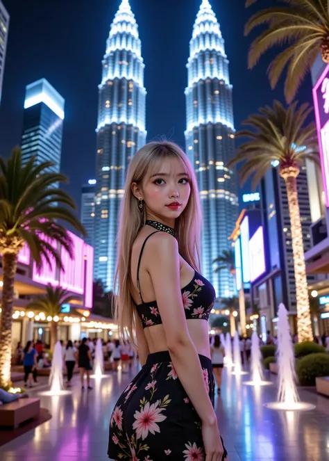 Super Real, photorealistic, dramatic scene,, solo, (Realistic Girl. her nails are dark gray. Her lips are red, and she's wearing a black choker with a metal ring in the center, semi-long hair with bangs 、silver gold hair、 soft reddish neon lights, blue and...