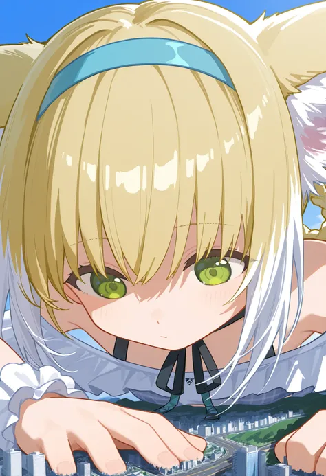 (face down:1.4),  1girl, solo,  suzuran_\(swimsuit\)_\(arknights\), green eyes, blonde hair, braided hair rings, twin braids, multicolored hair, blue hairband, neck ribbon, plaid bikini, frills, strapless, giantess, microcity, 崩壊した街,汚れた身体,土煙,口を開けている,舌,舌を出し...