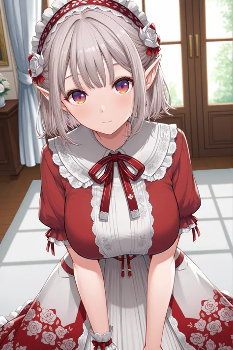 best quality, amazing quality, highres, absurdres, very aesthetic, high resolution, ultra detailed, perfect details,niji-elu,,large breasts,gradient eyes,red eyes,purple eyes,grey hair,pointy ears,short hair,bangs,earrings,niji-elucos1,red dress,lace-trimm...