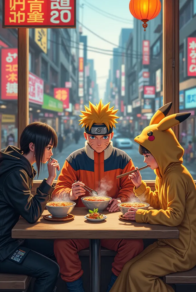 Naruto eating ramen but does not remember how he arrived in modern day Tokyo.