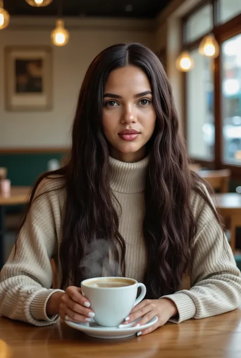 realistic photo of Juliana Nalu, long hair, wearing a turtleneck sweater, sitting in a cafe having a coffee,