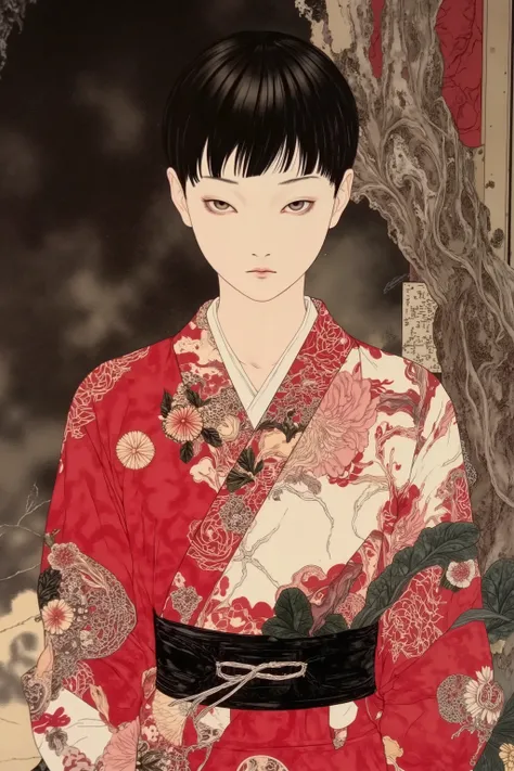 1 woman,short hair,wearing kimono
