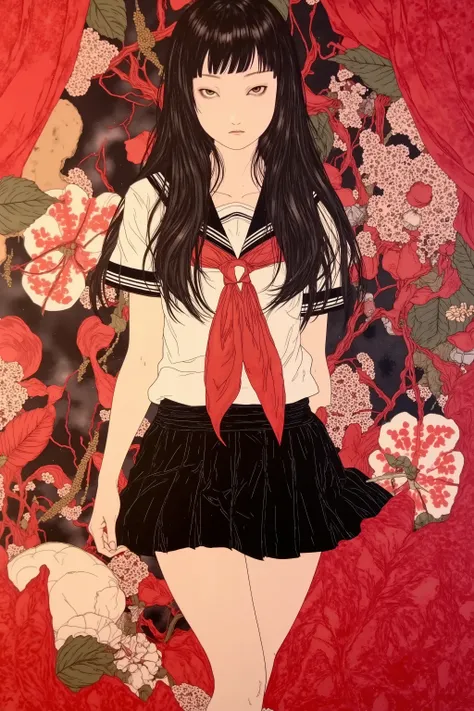 1 girl,beautiful face,turime,black hair,long straight hair ,Bob,hime cut, long hair,((wearing Japanese school black sailor uniform with mini black skirt, red ribbon,long sleeve)),vivid color,erotic,