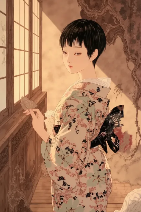 side view,1 woman,short hair,wearing kimono,holding fan,in japanese room,summer