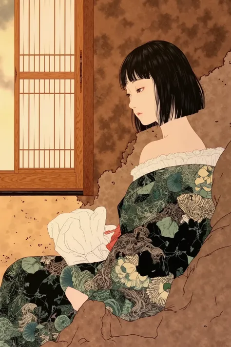 side view,1 woman,semi short hair,wearing kimono,in japanese room,summer