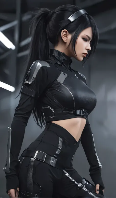 Woman in black with mask and all black cyberpunk clothes, wearing tech outfit and armor, photo of a woman in tech gear, dark sci-fi outfit, cyberpunk outfit, female assassin, futuristic tech costume, cyberpunk fashion clothes, jet black hair cyberpunk girl...