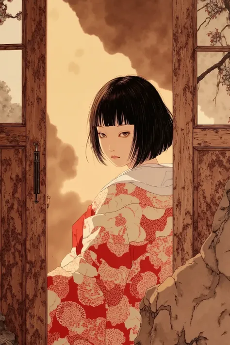 side view,1 woman,semi short hair,wearing kimono,in japanese room,summer
