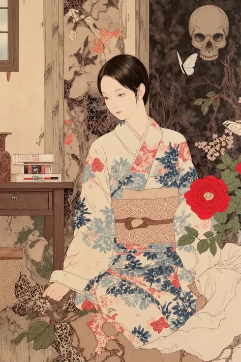 side view,1 woman,semi short hair,wearing kimono,in japanese room,flower,butterfly,