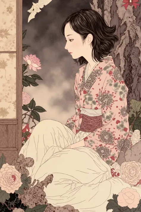 side view,1 woman,semi short hair,wearing kimono,in japanese room,flower,butterfly,
