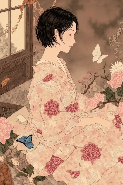 side view,1 woman,semi short hair,wearing kimono,in japanese room,flower,butterfly,