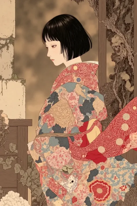 side view,1 woman,semi short hair,wearing vibrant pattern kimono,in japanese room