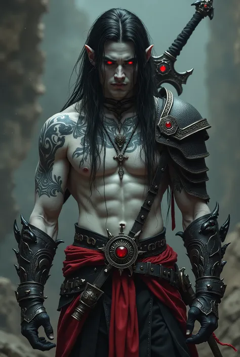 emerges before us, a dark warrior with a supernatural and intimidating appearance. His body is tall , slender and at the same time extremely muscular, with defined muscles as if sculpted in gray marble. His pale skin contrasts intensely with his long wild...