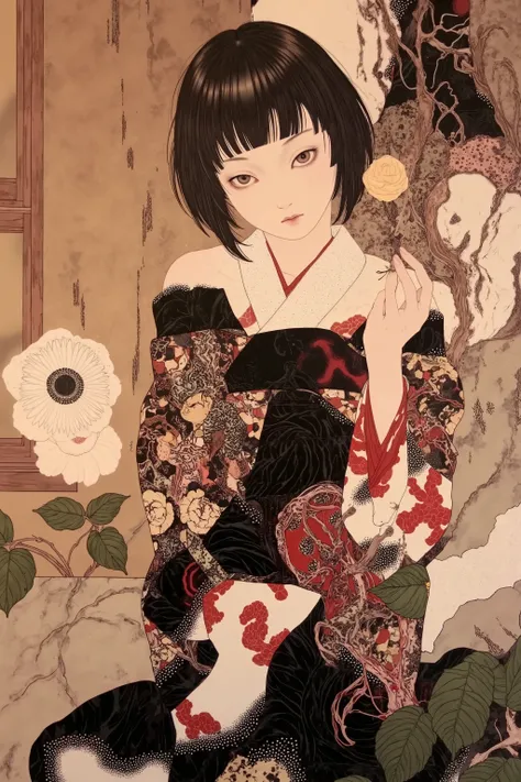 side view,1 woman,short hair,wearing kimono,holding flower,in japanese room,summer