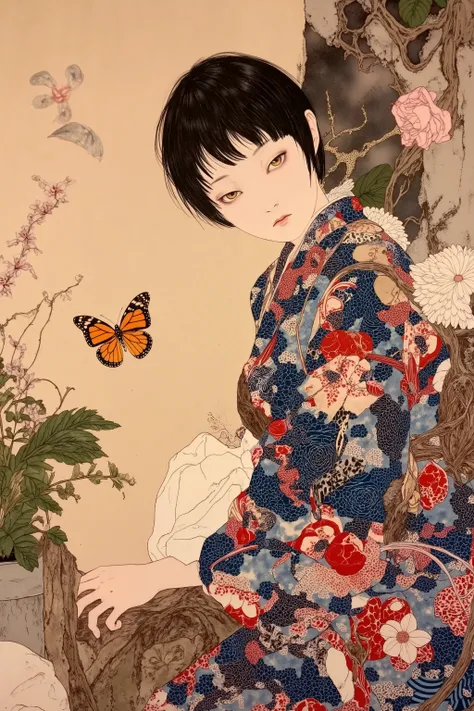 side view,1 woman,portrait,semi short hair,wearing vibrant pattern kimono,melancholy,flower,butterfly,in japanese room