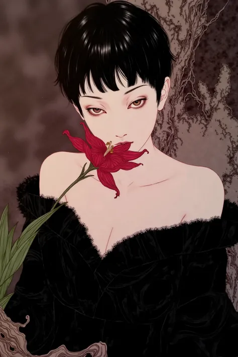 1 woman wearing black kimono,pale skin,goth,portrait,sexy,feminine,biting red spider lily,dynamic pose,dynamic angle