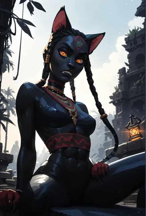 Meisterwerk, hd , great quality, very aesthetic, absurd, high contrast , high color palette , light glare ,neueste,2.5D,volumetric lighting, intense colours, Sweet, jung, 1 girl, asiatisch, Mongol cat-girl, monster girl, black fur, panther girl, anthro cat...