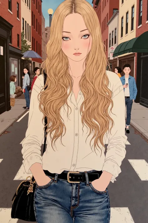 blonde hair,blue eyes,1 girl,street fashion portrait,street,in NY city,