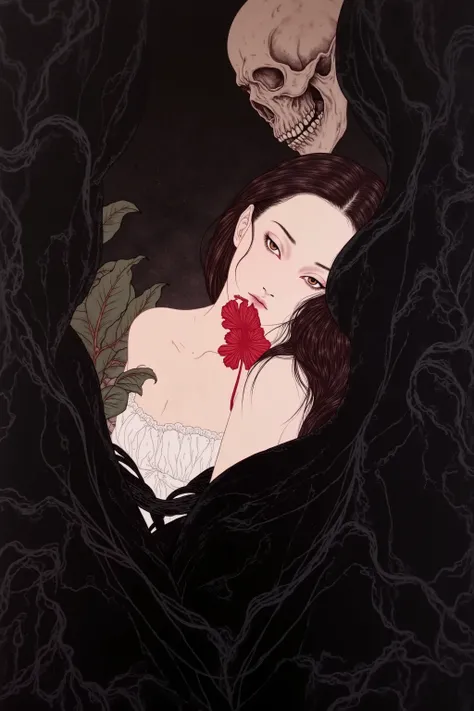 1 woman wearing black kimono,pale skin,goth,portrait,sexy,feminine,biting red spider lily,dynamic pose,dynamic angle