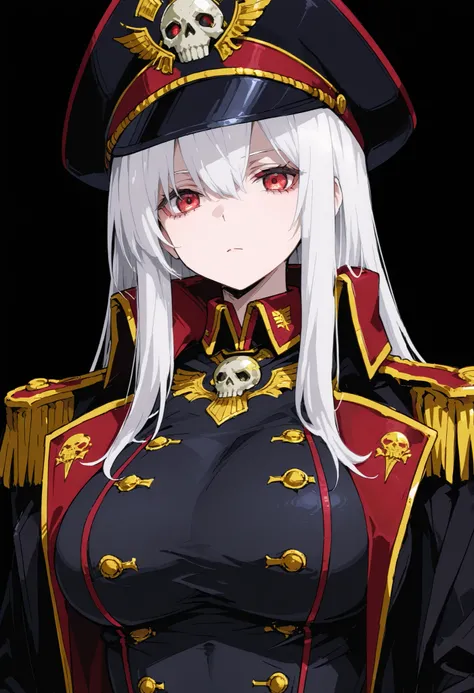 1 girl, solo, white hair, red eyes, edgCommissar
black headwear, epaulettes, black coat, wearing edgCommissar, skull emblem, millitary uniform, large breasts, white background,