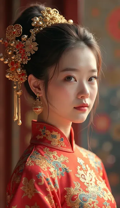 Create a high-resolution, photorealistic image of a young East Asian woman in traditional Chinese wedding attire. She wears an artistic, golden Hair decoration set with filigree flower and butterfly motifs as well as hanging ornaments. Her hair is elegantl...