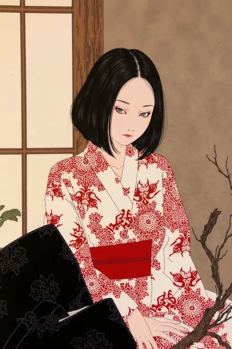 1 woman,portrait,semi short hair,wearing vibrant pattern kimono,in japanese room