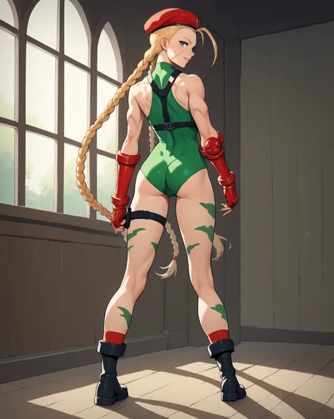 CammyWhiteSFXL,  age, Adolescent,   scar on the cheek  ,   blue eyes,  blond hair,  Long hair ,   double braids ,  antenna hair , camouflage, Red Beret,  big ,   bare shoulders  , green swimsuit, black harness, red gloves,  fingerless gloves , black boots,...