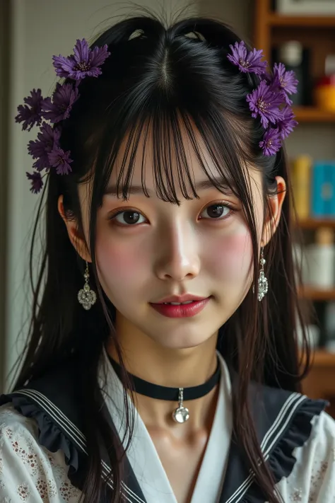 (masterpiece, Highest Quality:1.2), 1 girl, solo, A cinematic masterpiece portrait of a young Japanese woman with long,  The flowing black hair is graceful Styled , adorned with intricate purple lace hair ornaments and delicate jewelry. This image、It featu...