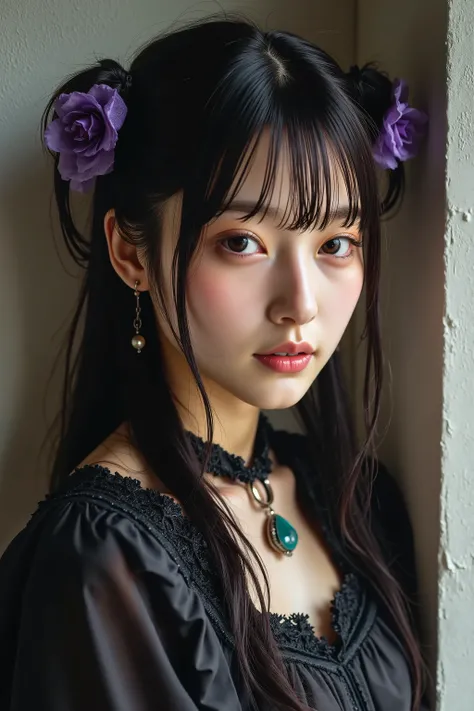 (masterpiece, Highest Quality:1.2), 1 girl, solo, A cinematic masterpiece portrait of a young Japanese woman with long,  The flowing black hair is graceful Styled , adorned with intricate purple lace hair ornaments and delicate jewelry. This image、It featu...