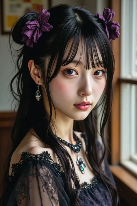 (masterpiece, Highest Quality:1.2), 1 girl, solo, A cinematic masterpiece portrait of a young Japanese woman with long,  The flowing black hair is graceful Styled , adorned with intricate purple lace hair ornaments and delicate jewelry. This image、It featu...