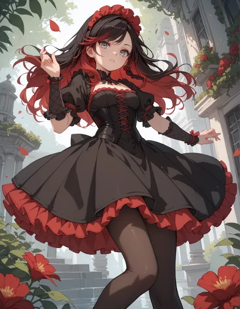 RubyR0se, 1girl, black hair, red hair, two tone hair, silver eyes, Vol1Huntress, black dress, corset, red frills, frilly sleeves, black pantyhose, 