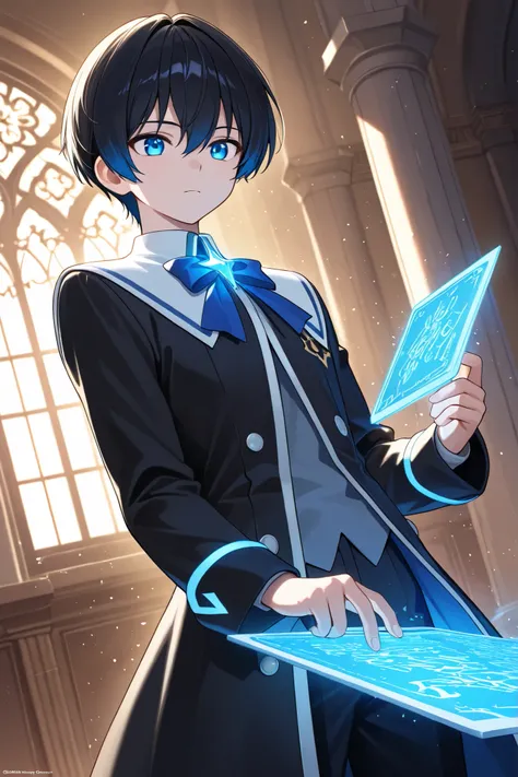 High detail,m, Ray tracing, hyper HD, 4K, Best quality, Anime style, young man with dark hair wearing a modern magical academy uniform, holding a glowing blue magical pen on his right hand, standing confidently in front of a modern magical academy building...