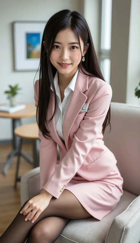 Highest Quality, (((full body shot:1.5))), (((From the top of her head to the tips of her feet :1.8))), Sleek long black hair , Professional Office Lady with Long Dark Hair, is sitting in a chair with her legs crossed, The height of the chair is 60cm, det...