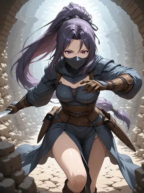 score_9, score_8_up, score_7_up, masterpiece, source_anime,Nostlgic RPG Style, (ultra detail eyes,iris,purple hair,ponytail,assassin ,short sword)