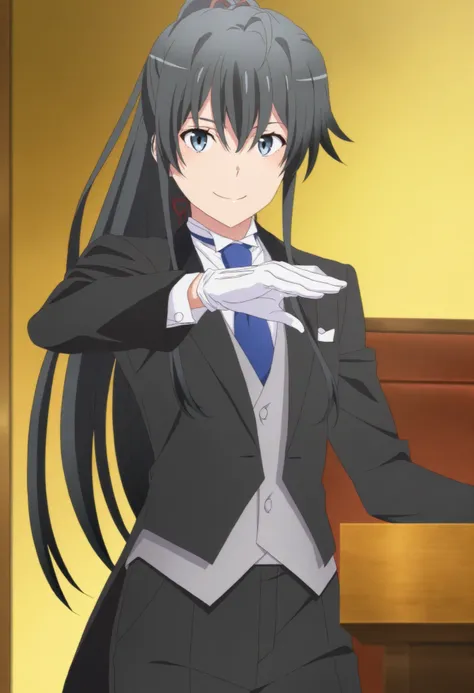 score_9,score_8_up,score_7_up,source anime,anime screencap,anime coloring,masterpiece,best quality, smile ,1girl, solo, yukinoshita yukino, blue eyes, black hair, long hair, ponytail, tuxedo tailcoat, butler, blue necktie, black pants, gloves ,1girl, solo,...