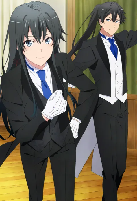 score_9,score_8_up,score_7_up,source anime,anime screencap,anime coloring,masterpiece,best quality, smile ,1girl, solo, yukinoshita yukino, blue eyes, black hair, long hair, ponytail, tuxedo tailcoat, butler, blue necktie, black pants, gloves ,1girl, solo,...