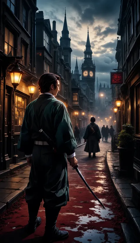 The demon slayer style in the alleys of London"  
*"Tanjiro Kamado stands under a gas lamp in a narrow alley in Victorian London, his bloody sword shining under the dim light. in the background, Muzan Kibutsuji kept disappearing in the fog.  (nezuko) looki...