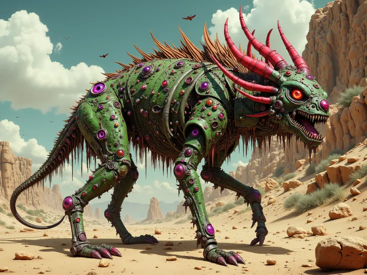 bone and glass and blood made Eldritch hyena with a lizard's tail and human feet with massive claws, green pus-covered skin , thousands of purple and red eyes cover its body , in a desert, ultra-saturated colors,