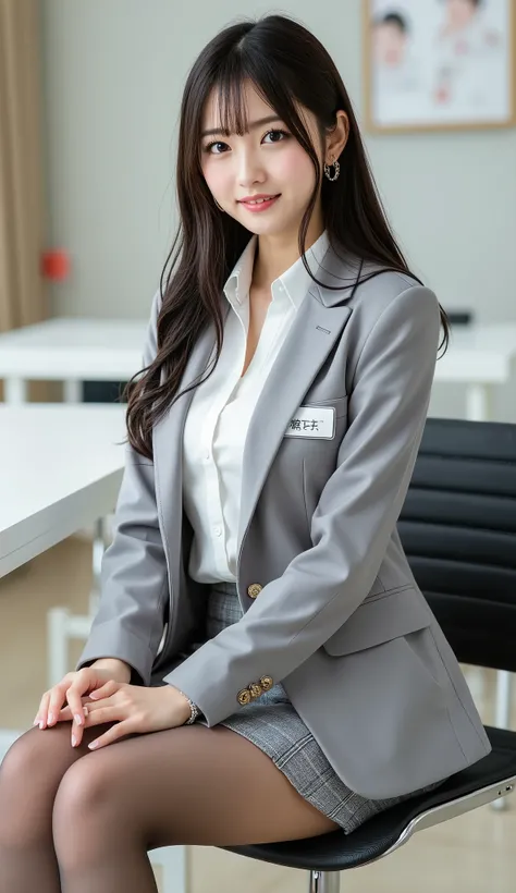 Highest Quality, (((full body shot:1.4))), (((From the top of her head to the tips of her feet :1.9))), Sleek long black hair , Professional Office Lady with Long Dark Hair, is sitting in a chair with her legs crossed, The height of the chair is 60cm, det...