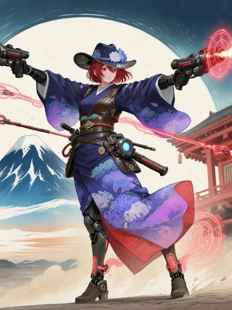 Western Girl Full Body Vision，Chrysanthemum Wide-brimmed Hat with Fluttering Sleeves Create Dynamic Balance，Indigo Kimono Hem and Waistcoat Flying over the sandstorm，Double Gun Crossfire Dragging Neon Trails，Mechanical Prosthetic Limbs Wrapping Glowing Haiku Marks，Background Layered Gobi Hongyan and Mount Fuji Sakura Fubuki Panorama，Ukiyo-e Naniwa Fusion Digital Particle Effects，Cinnabar Ink Hooks Surround Guns，wide-angle overhead camera shows the collision of leather and silk materials，Edo Period Mechanical Aesthetics，Watercolor rendering style ，Panoramic Cyber Style Composition