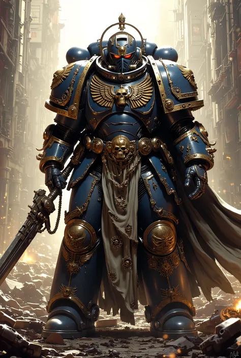 The hyper detail, fighting stance, Greek style Astartes, armed supperhero, the astartes Batman with metallic, Strengthen Warhammer 40k space marine inspired power armor, the cloak, the face mask, golden emblem on chest, detail decoration chain sword, the m...