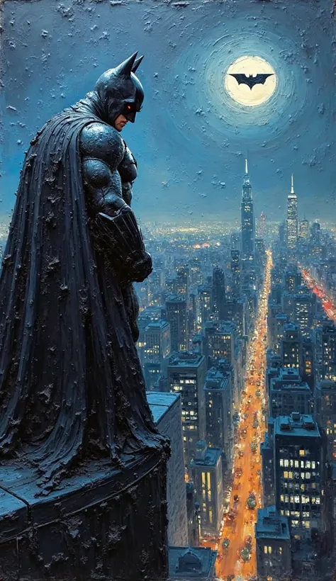 Impasto oil painting with a textured feel and clearly visible brush and palette knife marks. Batman stands on the edge of a skyscraper in Gotham City, overlooking a nighttime cityscape. The Bat-Signal glows in the sky. In the style of Jeremy Mann