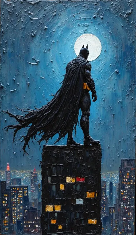 Impasto oil painting with a textured feel and clearly visible brush and palette knife marks. Batman stands on the edge of a skyscraper in Gotham City, overlooking a nighttime cityscape. The Bat-Signal glows in the sky. 